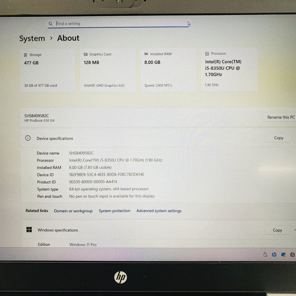 HP ProBook 650 G4 15.6in 1080p i5-8350U 8GB 512GB SSD Win 11 Pro