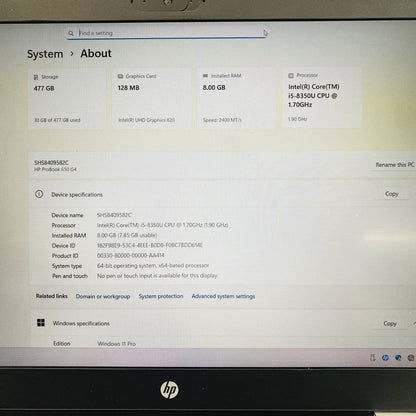 HP ProBook 650 G4 15.6in 1080p i5-8350U 8GB 512GB SSD Win 11 Pro