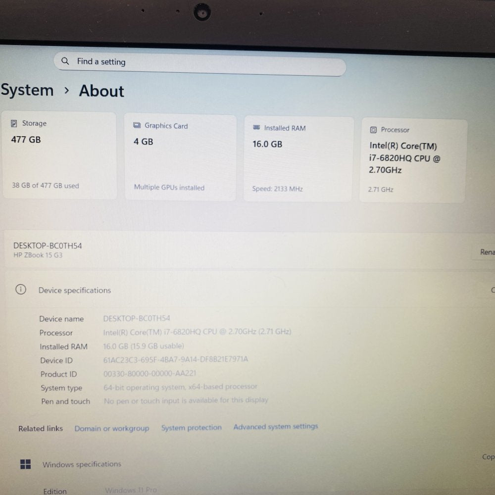 HP ZBook 15 G3 i7 16GB 512GB SSD Quadro M2000M Win 11 Pro 15.6 LED