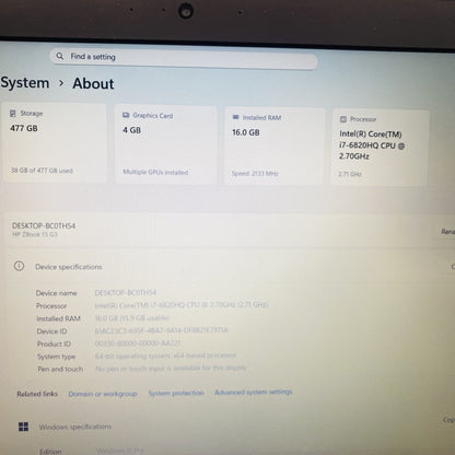 HP ZBook 15 G3 i7 16GB 512GB SSD Quadro M2000M Win 11 Pro 15.6 LED