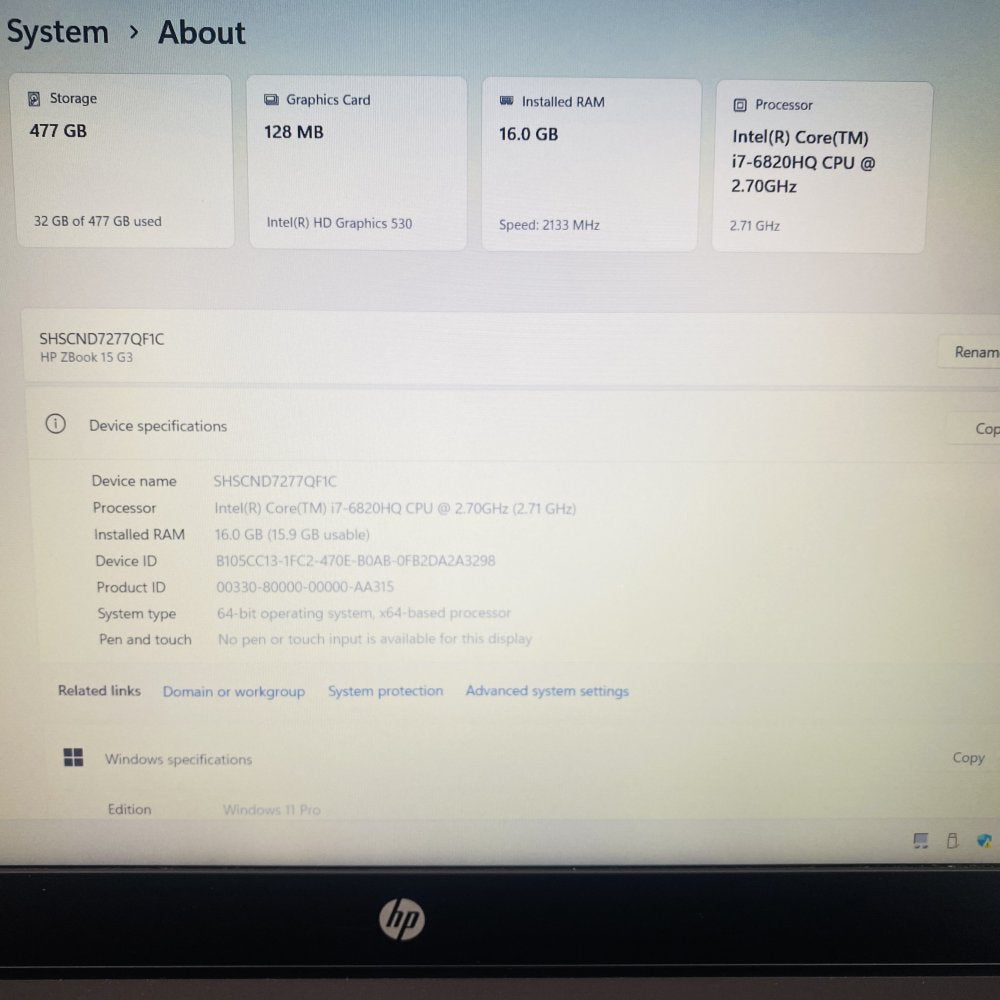 HP ZBook 15 G3 i7 16GB RAM 512GB SSD 1080p Mobile Workstation Win11 Pro Grade-B
