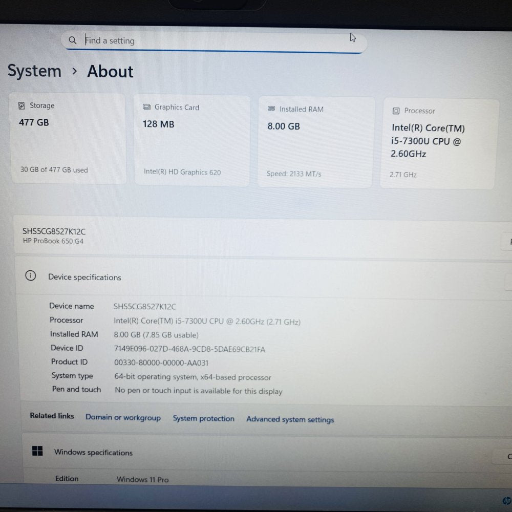 HP ProBook 650 G4 i5-7300U 8GB 512GB SSD 15.6 FHD Win 11 Pro Laptop (Grade B)