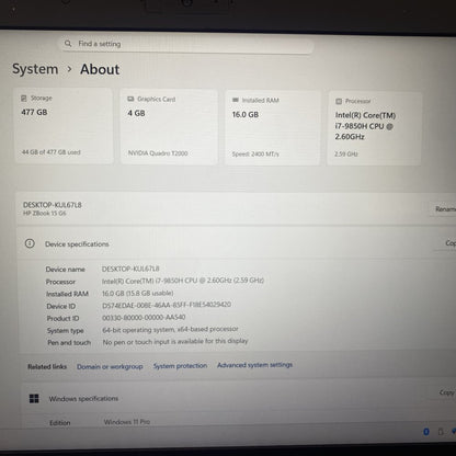 HP ZBook 15 G6 i7-9850H 16GB 512GB SSD Quadro T2000 1080p Mobile Workstation