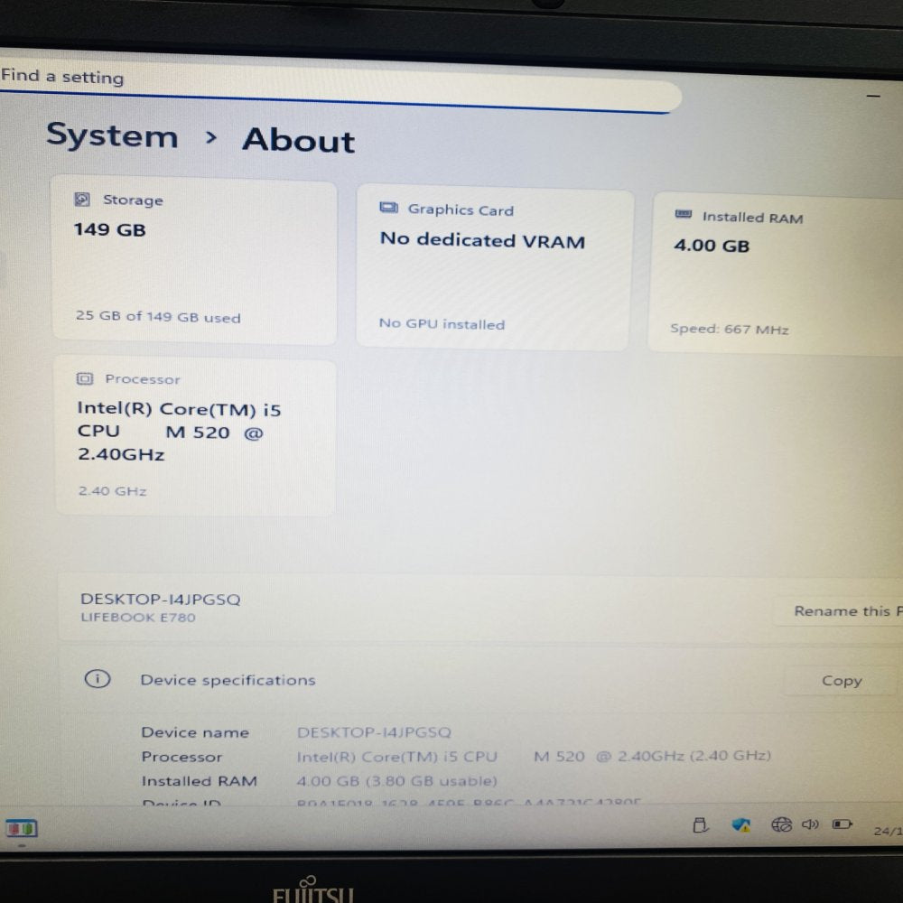 Fujitsu Lifebook E780 Intel i5 2.40GHz 4GB RAM 160GB HDD 15.6" Display