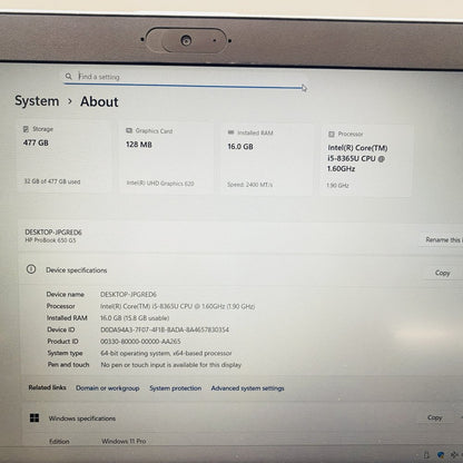 HP ProBook 650 G5 Intel i5-8365U 16GB 512GB SSD Win10 Pro Full HD