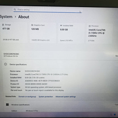 HP ProBook 650 G4 i5-7300U 8GB 512GB SSD 15.6in FHD Business Laptop