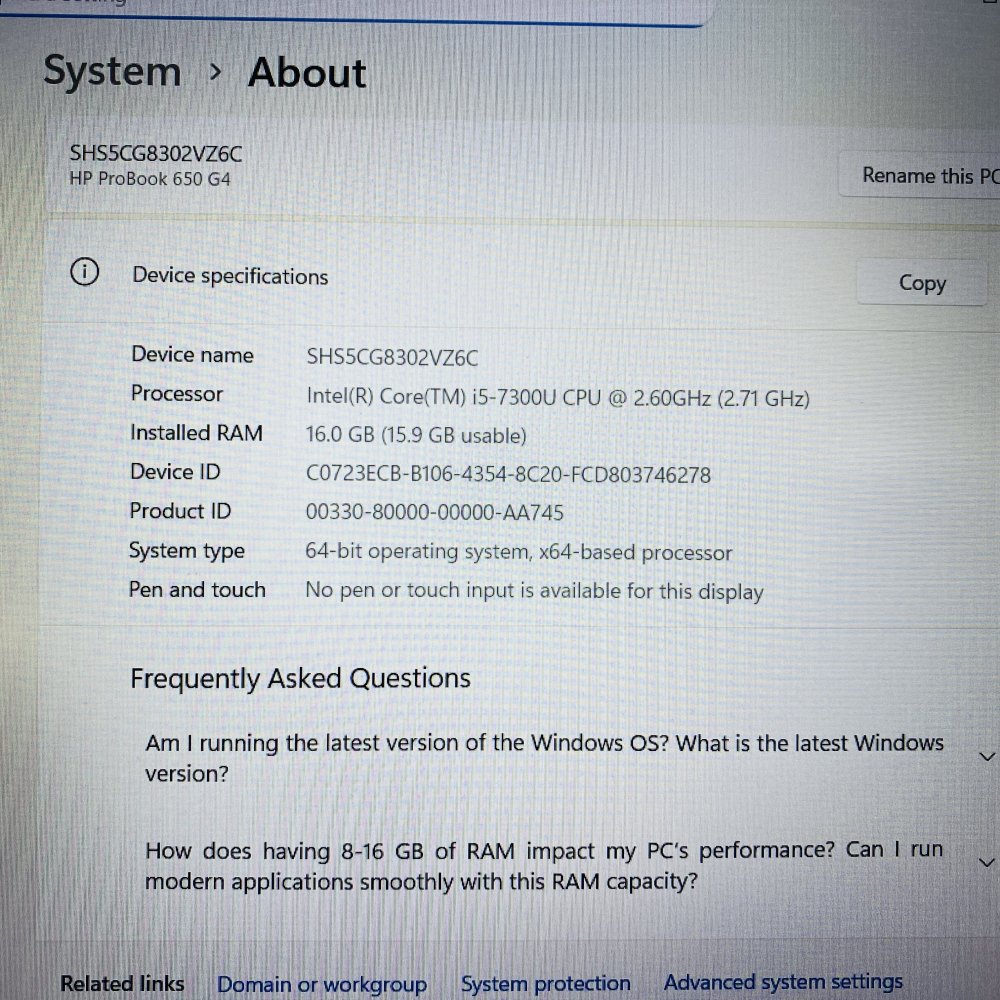 HP ProBook 650 G4 Intel Core i5-7300U 16GB RAM 477GB SSD 15.6" Laptop Grade D
