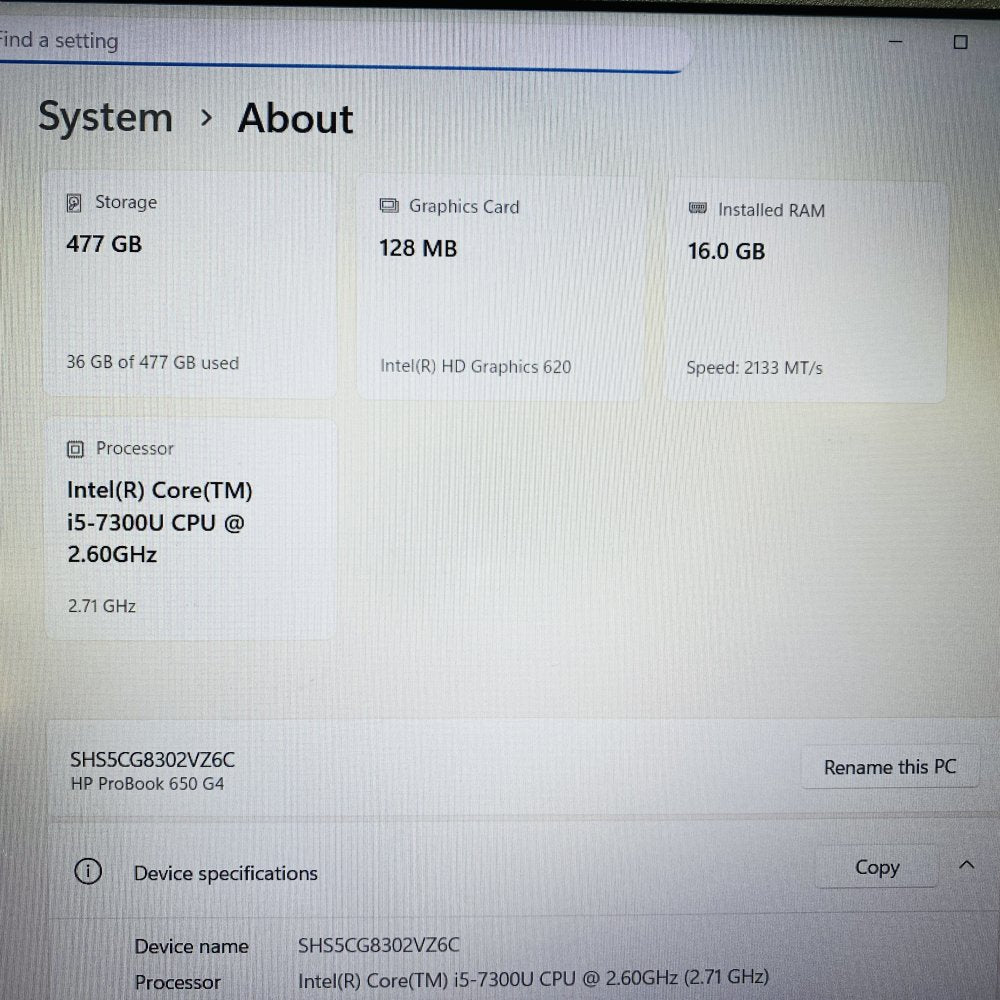 HP ProBook 650 G4 Intel Core i5-7300U 16GB RAM 477GB SSD 15.6" Laptop Grade D