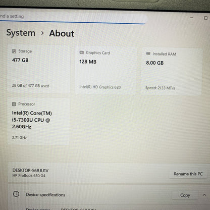 HP ProBook 650 G4 Intel i5-7300U 8GB RAM 477GB SSD Windows 11 Pro