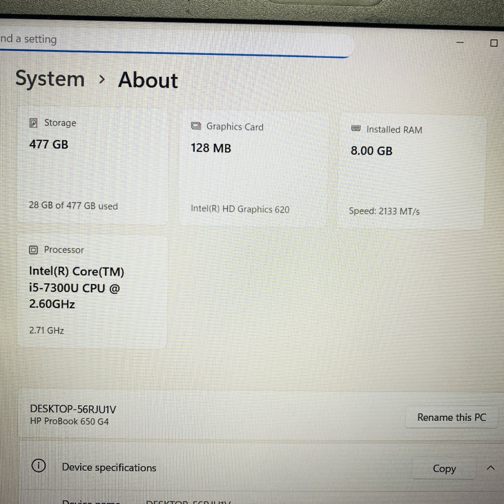 HP ProBook 650 G4 Intel i5-7300U 8GB RAM 512GB SSD Windows 11 Pro (Grade D)
