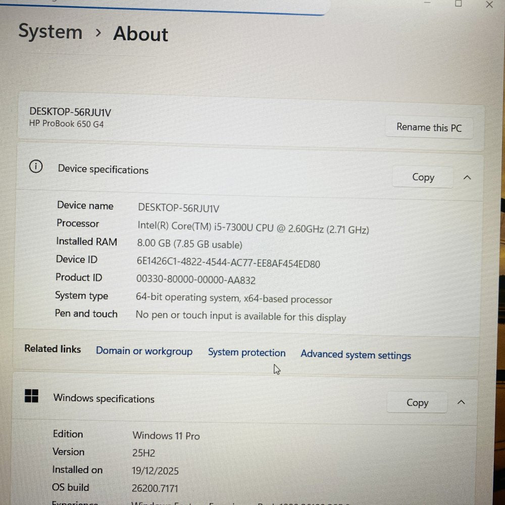 HP ProBook 650 G4 Intel i5-7300U 8GB RAM 512GB SSD Windows 11 Pro (Grade D)