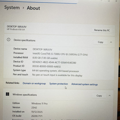 HP ProBook 650 G4 Intel i5-7300U 8GB RAM 512GB SSD Windows 11 Pro (Grade D)