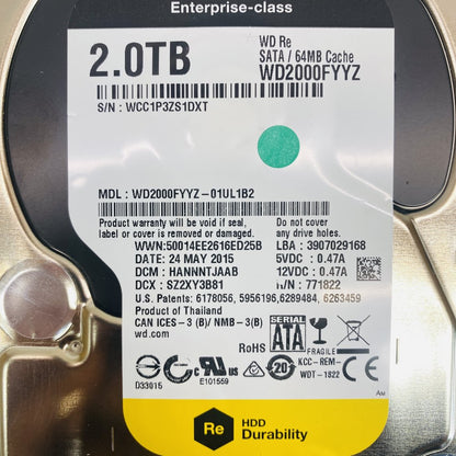 WD WD2000FYYZ 2.0TB Re Enterprise SATA 3.5in 64MB Cache HDD Grade A