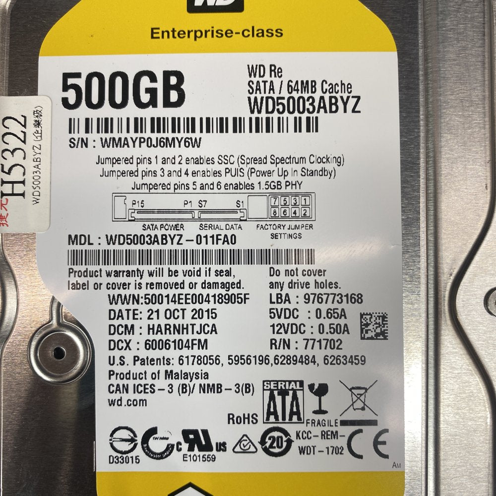 WD 500GB WD5003ABYZ Re SATA 64MB Enterprise 3.5in Internal Hard Drive Grade A
