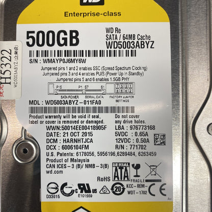 WD 500GB WD5003ABYZ Re SATA 64MB Enterprise 3.5in Internal Hard Drive Grade A