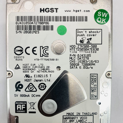 HGST HTE725050A7E630 500GB 2.5" 7200RPM SATA 6Gb/s HDD 2x Grade A