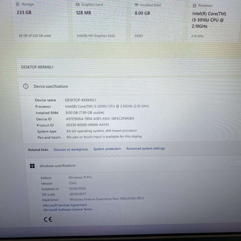 Intel NUC NUC5i3RYK i3-5010U 8GB 233GB SSD Win11 Pro Grade B