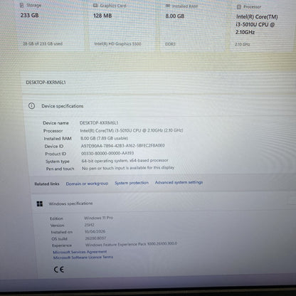 Intel NUC NUC5i3RYK i3-5010U 8GB 233GB SSD Win11 Pro Grade B