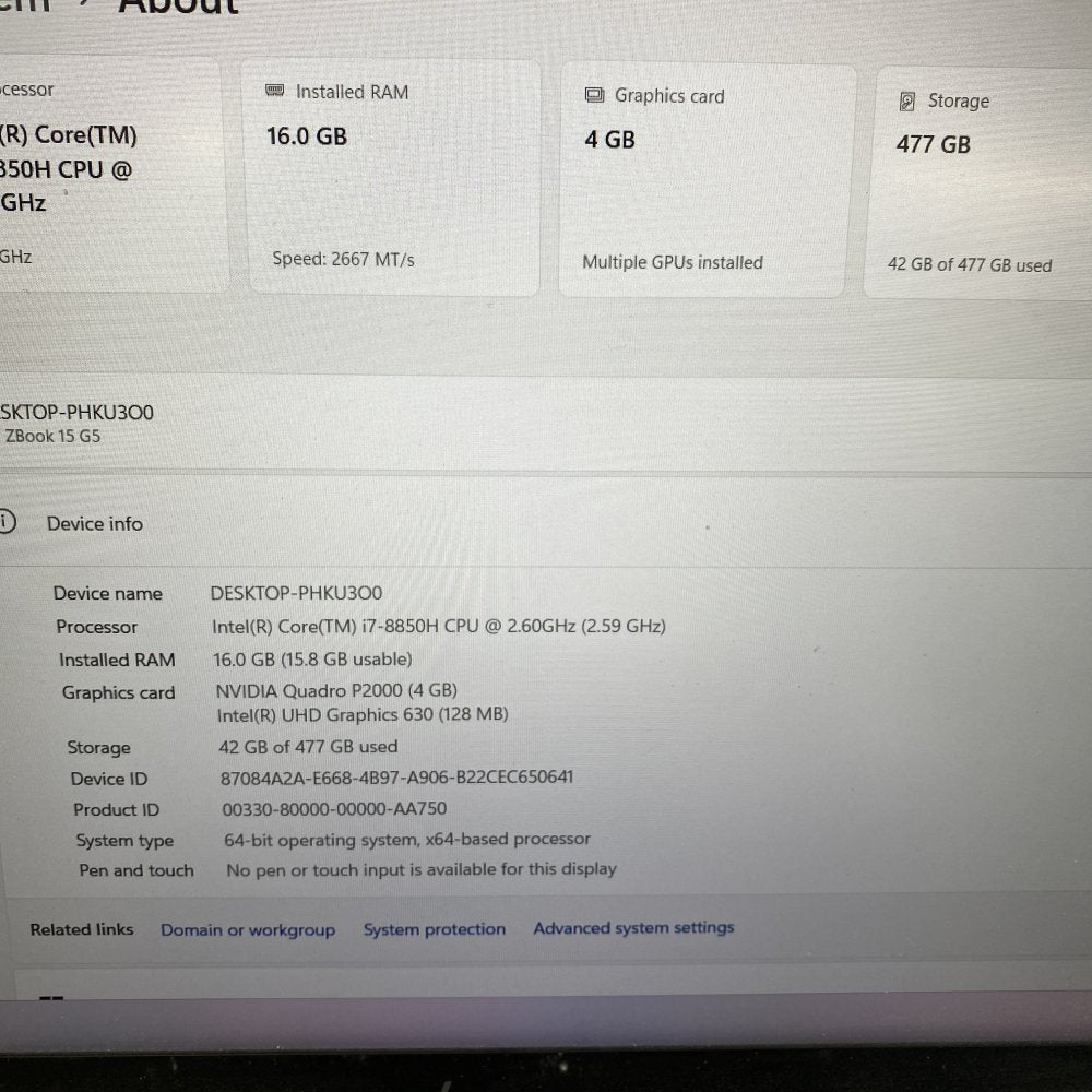 HP ZBook 15 G5 i7-8850H 16GB RAM Quadro P2000 477GB SSD Win 11 Pro Grade B