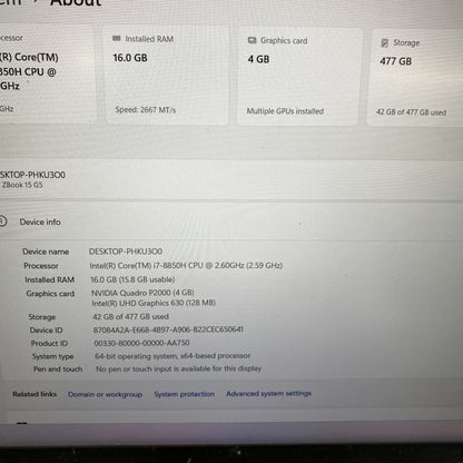 HP ZBook 15 G5 i7-8850H 16GB RAM Quadro P2000 477GB SSD Win 11 Pro Grade B