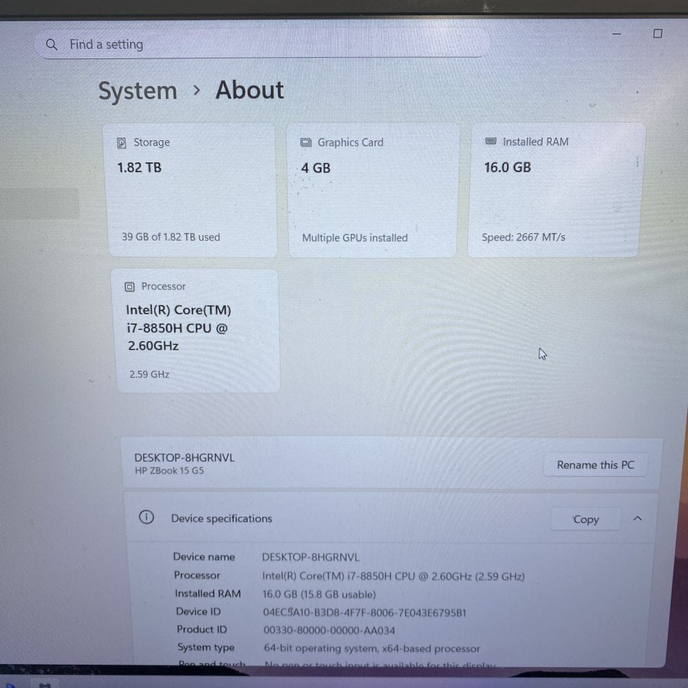 HP ZBook 15 G5 i7-8850H 16GB RAM 1.82TB Storage 4GB Graphics Grade B