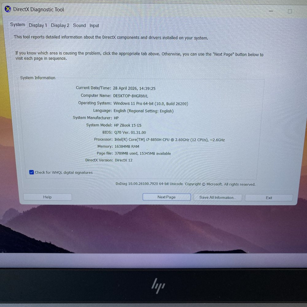 HP ZBook 15 G5 i7-8850H 16GB RAM 1.82TB Storage 4GB Graphics Grade B