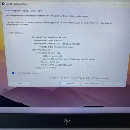 HP ZBook 15 G5 i7-8850H 16GB RAM 1.82TB Storage 4GB Graphics Grade B