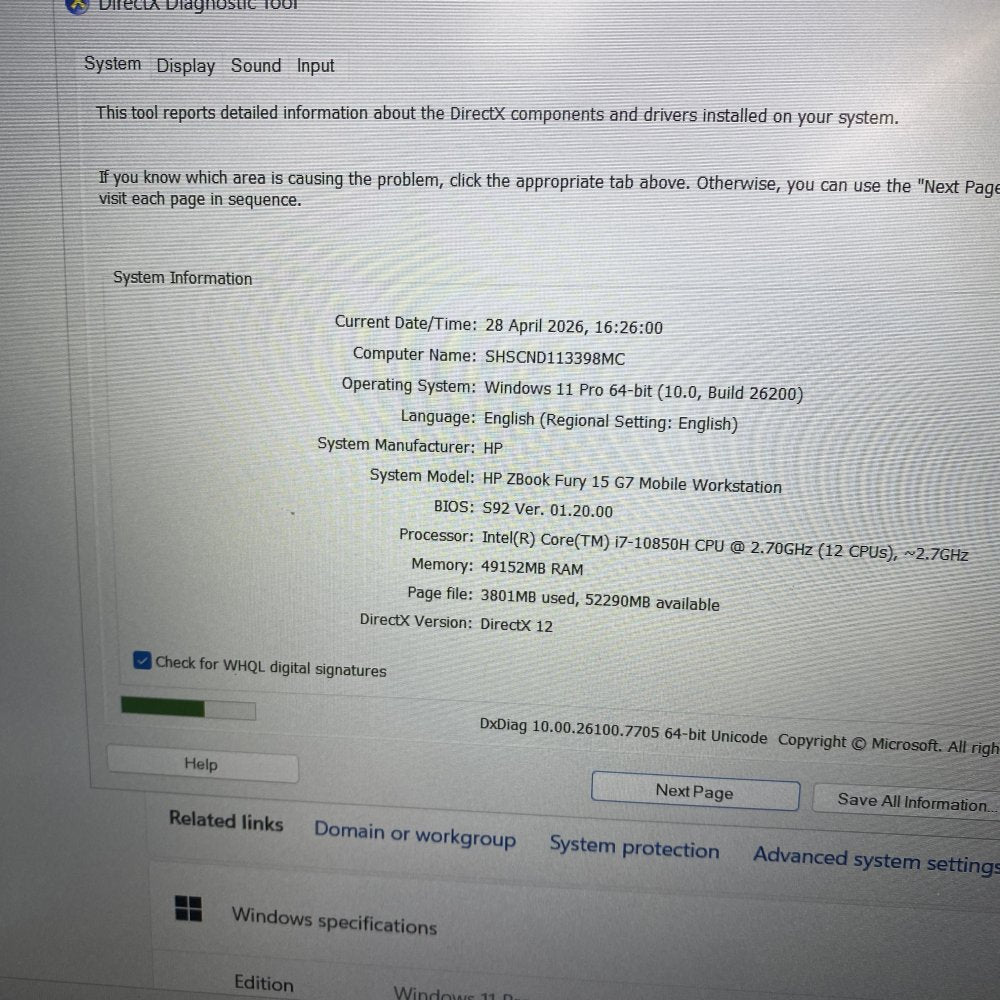 HP ZBook Fury 15 G7 Workstation - Intel Core i7-10850H vPro, 48GB RAM, Grade B