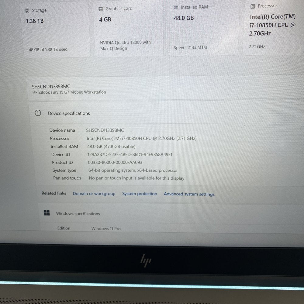 HP ZBook Fury 15 G7 Workstation - Intel Core i7-10850H vPro, 48GB RAM, Grade B