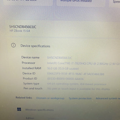 HP ZBook 15 G4 i7-7820HQ 16GB RAM 477GB Storage Mobile Workstation Grade D