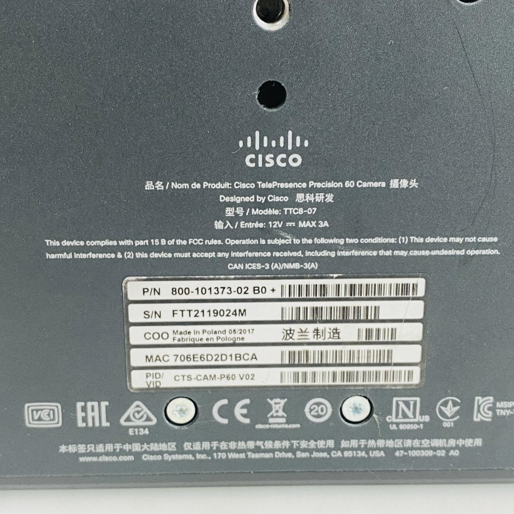 Cisco TelePresence Precision 60 Camera CTS-CAM-P60 with Power Adapter Grade B