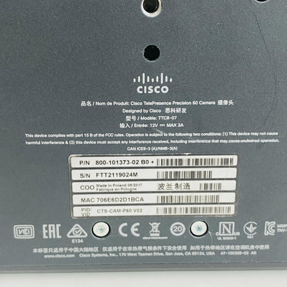 Cisco TelePresence Precision 60 Camera CTS-CAM-P60 with Power Adapter Grade B