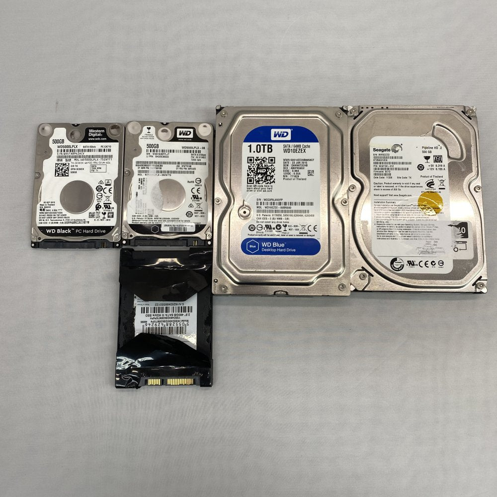 Lot: WD WD10EZEX 1TB, WD5000PLX 500GB, Seagate 500GB & 480GB SSD Grade B