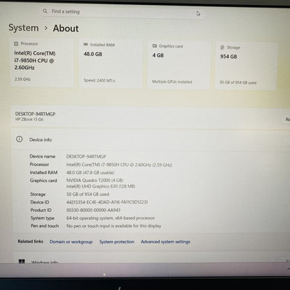 HP ZBook 15 G6 i7-9850H 48GB RAM 1TB SSD Nvidia Quadro T2000 Win 11 Pro(Grade B)