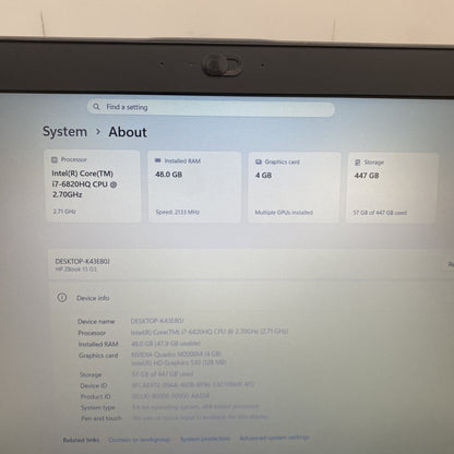 HP ZBook 15 G3 i7-6820HQ 48GB RAM Quadro M2000M 4GB 447GB Grade B