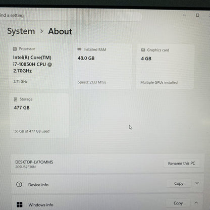 Lenovo ThinkPad P15 i7-10850H 48GB RAM 477GB SSD nVidia T2000 (Grade B)