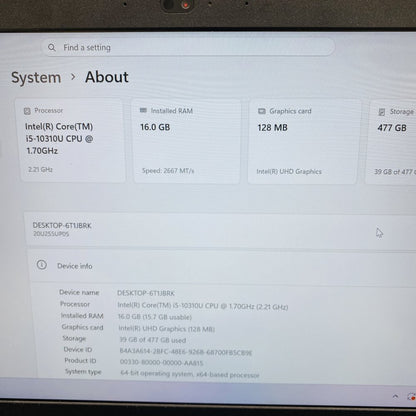 Lenovo ThinkPad Gen 1 i5-10310U 16GB RAM 477GB SSD Windows 11 Laptop Grade D