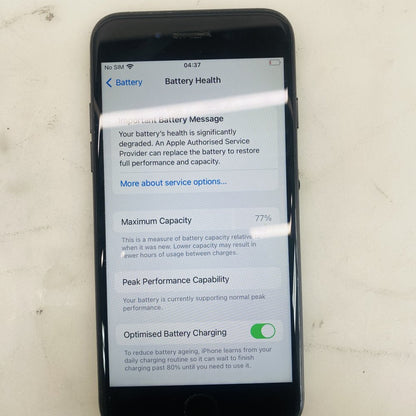 Apple iPhone 7 Black Smartphone, 32GB Battery Health 77%, Grade C