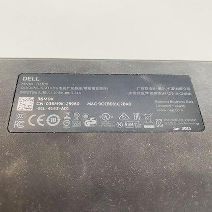 Dell D3100 USB 3.0 Universal Docking Station w/ 130W AC Adapter Cables (Grade B)