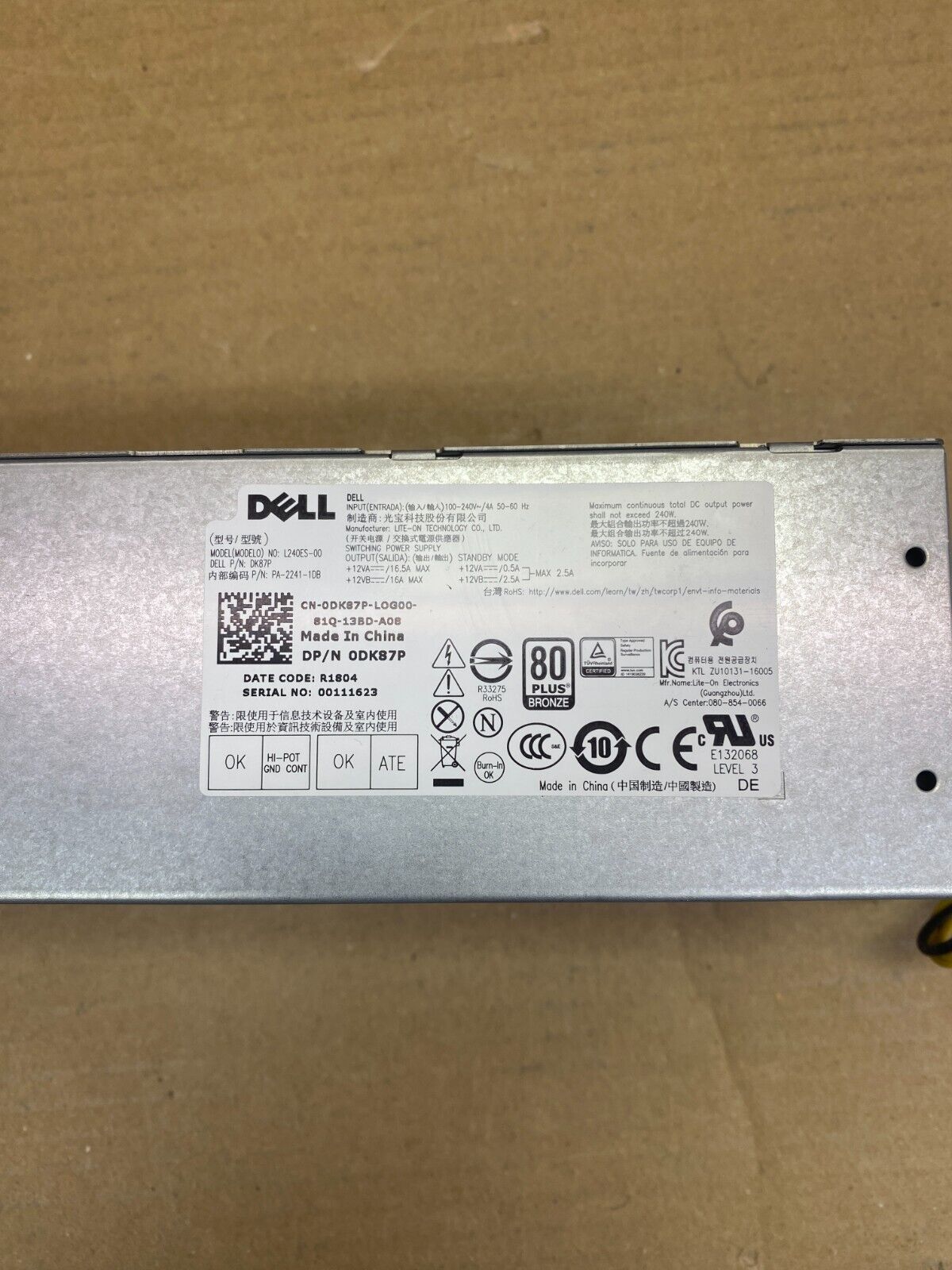 Dell L240ES-00 240W Power Supply, Compact and Efficient, Safe Design