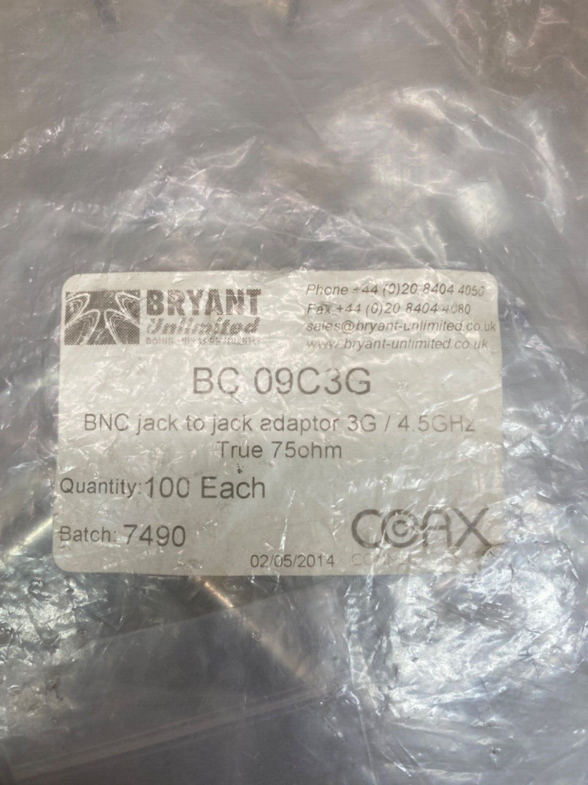 Broadcast BNC Bulkhead Jack-Jack Adapter 75 Ohm, 100pcs, Professional Use