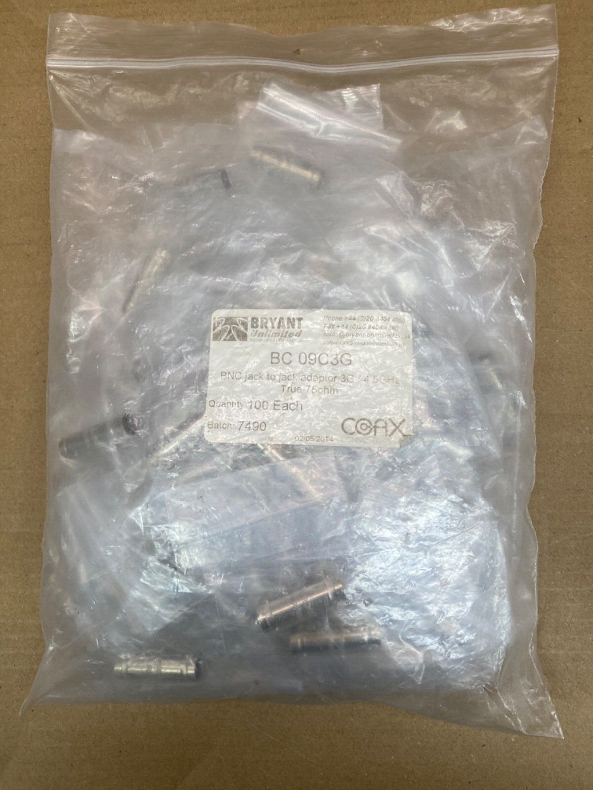Broadcast BNC Bulkhead Jack-Jack Adapter 75 Ohm, 100pcs, Professional Use
