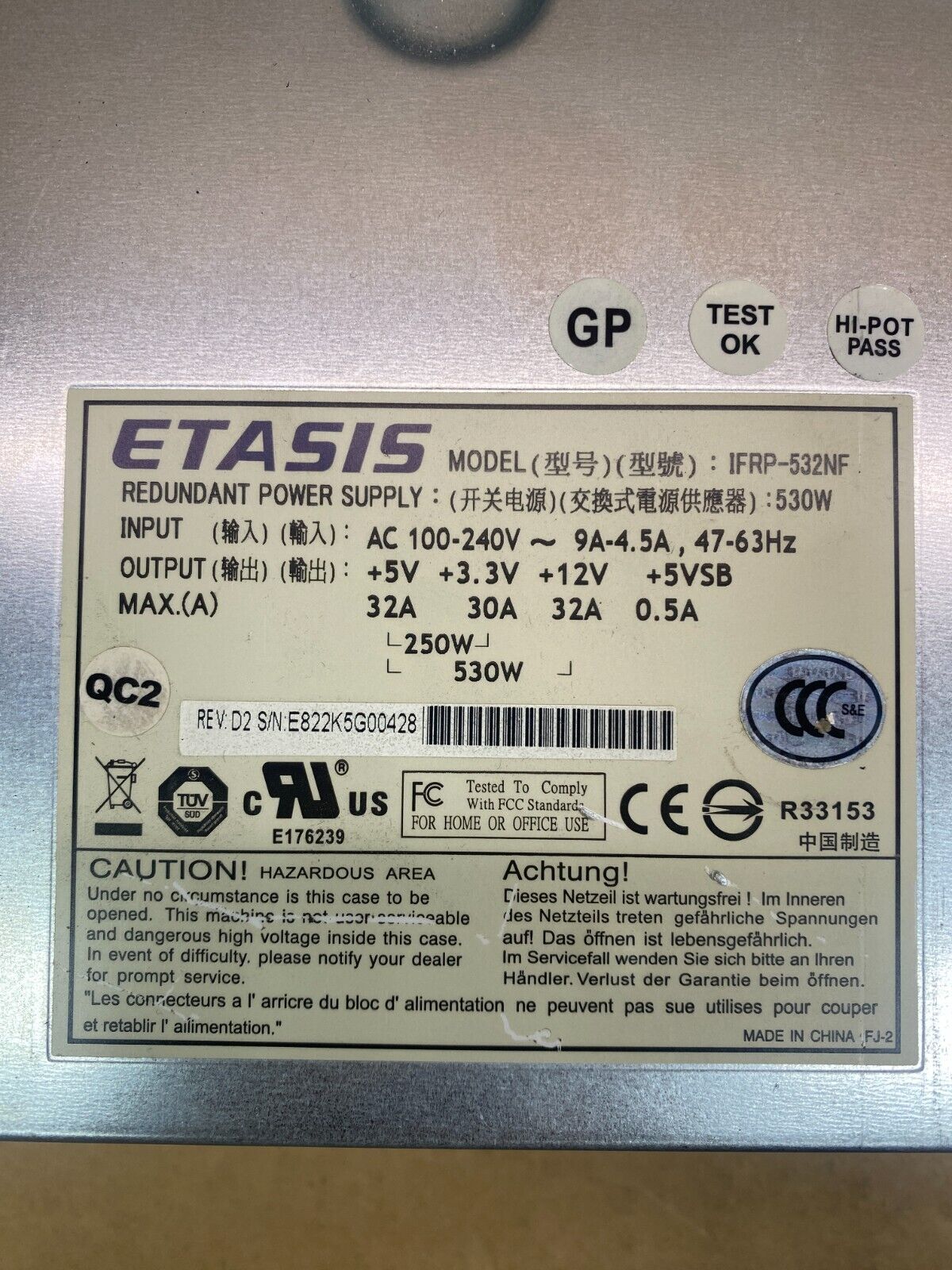 Redundant Server Power Supply Etasis IFRP-532NF 530W 1U 4K Rack-Mount